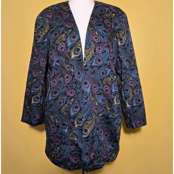 Vintage Y2K Peacock Feather Shoulder Pads Blazer Large Pink Yellow Blue Custom - Picture 1 of 9